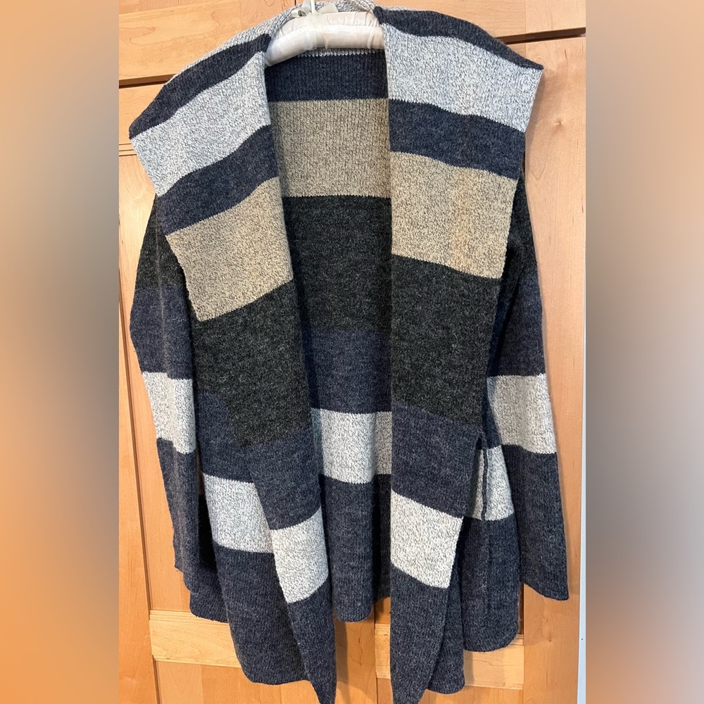 Neiman Marcus Striped Grey Cream and Blue Wrap Sweater w/ Shawl Collar